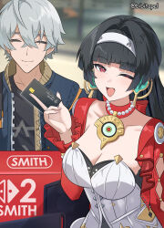 1boy 1girl absurdres astra_yao bibitapel black_hair black_shirt blurry blurry_background box brand_name_imitation card closed_eyes collarbone commentary credit_card dress game_console grey_hair grey_jacket hair_intakes hairband hashtag-only_commentary highres holding holding_box holding_card jacket one_eye_closed open_clothes open_jacket open_mouth red_eyes red_jacket shirt smile t-shirt twitter_username white_dress white_hairband wise_(zenless_zone_zero) zenless_zone_zero