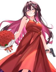 1girl azki_(hololive) bare_shoulders beretta_m1934 blush bouquet breasts brown_hair cowboy_shot dress finger_on_trigger flower gun holding holding_bouquet holding_gun holding_weapon hololive long_hair medium_breasts multicolored_hair parted_lips pink_hair purple_eyes red_dress red_flower red_rose rijeka1918 rose simple_background solo transparent_background two-tone_hair virtual_youtuber weapon