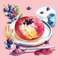 blueberry cup flower food food_focus fruit glass grapes issiki_toaki jar leaf no_humans original pink_background plate raspberry shadow simple_background spoon