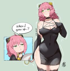 1girl aged_up anya_(spy_x_family) artist_name black_choker black_dress black_gloves black_thighhighs breasts choker cleavage closed_mouth covered_navel dagger dress eden_academy_school_uniform elbow_gloves fingerless_gloves gloves green_eyes hairpods holding holding_pencil jk_arts knife large_breasts pencil pink_hair pink_nails puckered_lips school_uniform skindentation smile spy_x_family stiletto_(weapon) thighhighs twitter_username weapon