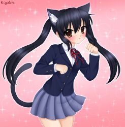 Rule 34 | 1girl, animal ear fluff, animal ears, artist name, black hair, blue jacket, blush, brown eyes, buttons, cat ears, cat girl, cat tail, cowboy shot, grey skirt, hand up, highres, jacket, k-on!, kemonomimi mode, kigidere, long hair, long sleeves, looking at viewer, miniskirt, nakano azusa, neck ribbon, parted lips, paw pose, pink background, pleated skirt, red ribbon, ribbon, school uniform, shirt, skirt, solo, standing, tail, twintails, white shirt