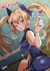 Rule 34 | 1girl, aoi manabu, bare shoulders, belt, black belt, black shorts, blonde hair, blue jumpsuit, blush, bow, breasts, breath, candy, cinderella series, commission, drill hair, dutch angle, food, hachigatsu no cinderella nine, hair bow, hair ornament, hairclip, highres, holding, holding candy, holding food, holding lollipop, indoors, jumpsuit, kousaka tsubaki, large breasts, locker, locker room, lollipop, long hair, looking at viewer, looking back, medium breasts, one eye closed, open mouth, red eyes, shirt, shorts, signature, sitting, skeb commission, sleeveless, sleeveless shirt, solo, sportswear, sweat, sweatdrop, twin drills, very long hair