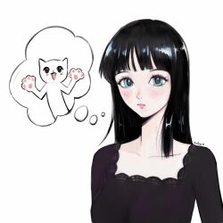 Rule 34 | 1girl, absurdres, artist name, black hair, blue eyes, blunt bangs, cat, commentary, dress, eyelashes, eyeshadow, highres, long sleeves, looking at viewer, makeup, nico robin, nico robin (thriller bark), one piece, pink lips, purple dress, purple eyeshadow, rw2bi, simple background, solo, speech bubble, thought bubble, upper body, white background