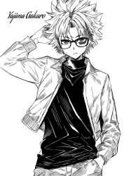 1boy alternate_hairstyle birthmark black_streaks cropped_jacket glasses highres lineart monochrome mothinus nue_no_onmyouji parted_bangs solo spiked_hair yajima_gakuro