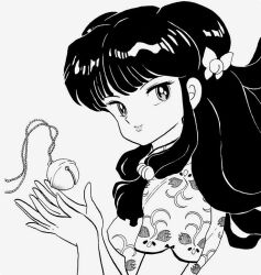 Rule 34 | 1girl, bell, chinese clothes, dress, greyscale, long hair, looking at viewer, monochrome, official art, ranma 1/2, shampoo (ranma 1/2), sidelocks, solo, standing, takahashi rumiko