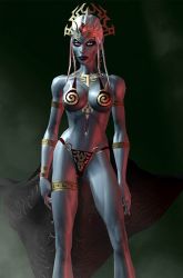1girl 3d between_breasts bikini breasts champions_of_norrath:_realms_of_everquest colored_skin dark_elf elf everquest female_focus grey_hair grey_skin hip_focus jewelry loincloth navel pointy_ears solo swimsuit sylea vampire