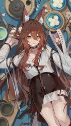 1girl absurdres ai_dongdong alternate_costume animal_ear_fluff animal_ears black_choker black_necktie black_skirt breasts brown_hair choker fox_ears fox_girl fugue_(honkai:_star_rail) green_eyes hair_ornament highres honkai:_star_rail honkai_(series) long_hair looking_at_viewer lying necktie on_back pencil_skirt red_nails shirt signature skirt smile solo tingyun_(honkai:_star_rail) white_shirt