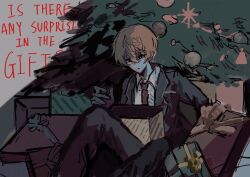 Rule 34 | 1boy, black coat, black eyes, blonde hair, christmas ornaments, christmas tree, coat, collared shirt, english text, gift, hair between eyes, head tilt, highres, kanakaein29903, knee up, lcb uniform (project moon), limbus company, looking at object, male focus, necktie, object on lap, on ground, open mouth, outstretched hand, project moon, red necktie, shirt, sinclair (project moon), solo, unwrapping, white shirt
