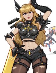1girl 2boys animal_print arm_up armor artist_name ass ball basketball basketball_(object) belt black_armor black_belt black_gloves black_nails black_shorts blonde_hair blue_bodysuit blue_eyes blushyspicy bodysuit breasts brown_pantyhose cleavage cleavage_cutout clenched_hand closed_mouth clothing_cutout commentary cowboy_shot crop_top earrings english_commentary fingernails gauntlets gloves hand_on_own_hip highres holding holding_sword holding_weapon huge_weapon jewelry jumping lips long_hair long_tongue looking_at_viewer magik_(x-men) marvel marvel_rivals medium_breasts meme midriff multiple_boys muscular muscular_male navel open_mouth pantyhose red_bodysuit sharp_teeth short_shorts shorts simple_background single_earring smile spider-man spider-man_(series) spider_print spider_web_print standing superhero_costume sword symbiote teeth thighhighs tongue tongue_out torn_clothes torn_pantyhose two-tone_bodysuit venom_(marvel) venom_dunking_on_spider-man_(meme) watermark wavy_hair weapon white_background x-men