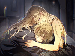 1boy 1girl bare_arms bare_shoulders black_dress black_shirt blonde_hair closed_eyes closed_mouth couple dark_room dated_commentary dimitri_alexandre_blaiddyd dress edelgard_von_hresvelg fire_emblem fire_emblem:_three_houses from_side hair_between_eyes hands_on_another&#039;s_back highres hug indoors leaning_forward leaning_on_person leaning_to_the_side long_hair long_sleeves looking_at_viewer looking_to_the_side nintendo purple_eyes shirt short_hair sitting sleeveless sleeveless_dress soma_otakuu white_hair