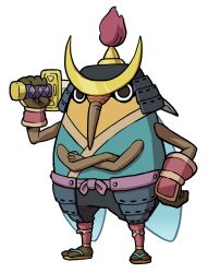 armor crossed_arms extra_arms hand_on_own_hip helmet highres holding holding_sword holding_weapon japanese_armor kabuto_(helmet) kagemaru looking_at_viewer no_humans official_art sandals simple_background solo sword third-party_source weapon white_background youkai_(youkai_watch) youkai_watch