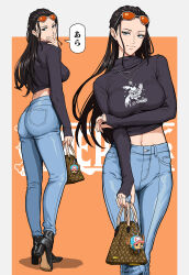 1girl absurdres alternate_costume black_hair blue_eyes charm_(object) commentary copyright_name denim highres jeans jewelry long_hair mikey_pie navel necklace nico_robin one_piece orange-tinted_eyewear pants ring solo speech_bubble tinted_eyewear tony_tony_chopper translated