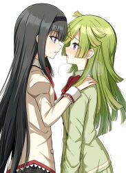 Rule 34 | 2girls, akemi homura, aki mabayu, black hair, green hair, hand on another&#039;s shoulder, highres, imminent kiss, kishimen hair, long hair, long sleeves, magia record: mahou shoujo madoka magica gaiden, mahou shoujo madoka magica, mitakihara school uniform, multiple girls, purple eyes, school uniform, scissors hair ornament, suzugahama, very long hair, yuri