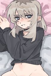 Rule 34 | 1girl, black choker, black sweater, blush, bottomless, choker, commentary, earclip, girls band cry, grey eyes, highres, kawaragi momoka, long hair, lying, multicolored hair, navel, on back, out-of-frame censoring, roots (hair), solo, sweater, symbol-only commentary, tutai