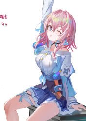 1girl absurdres arm_up artist_name ban_tang black_choker black_overskirt blue_eyes blue_jacket blue_skirt bra_strap breasts buttons camera chinese_commentary choker closed_mouth commentary_request earrings flower_ornament highres honkai:_star_rail honkai_(series) jacket jewelry long_sleeves looking_at_viewer march_7th_(honkai:_star_rail) march_7th_(preservation)_(honkai:_star_rail) medium_breasts medium_hair miniskirt multicolored_eyes off-shoulder_jacket off_shoulder one_eye_closed overskirt pink_eyes pink_hair pink_pupils pleated_skirt shirt single_earring skirt solo thigh_strap tied_jacket tongue tongue_out two-tone_eyes underbust upper_body white_background white_shirt