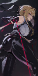 1girl absurdres artist_name ass black_gloves black_pants blonde_hair breasts chest_harness elbow_gloves evelyn_chevalier garrote gloves half_gloves harness high-waist_pants highres jewelry large_breasts long_ribbon mole mole_under_eye necktie pants purple_eyes shirt short_hair single_elbow_glove single_half_glove thick_thighs thighs tight_clothes tight_pants tototo_sarada white_shirt yellow_necktie zenless_zone_zero