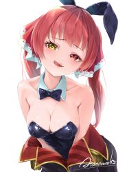 1girl animal_ear_hairband animal_ears atonoworks bare_shoulders black_bow black_bowtie black_coat black_leotard bow bowtie breasts cleavage coat detached_collar fake_animal_ears hairband heterochromia highres hololive houshou_marine large_breasts leotard long_hair looking_at_viewer playboy_bunny rabbit_ears rabbit_tail red_eyes red_hair simple_background solo strapless strapless_leotard tail tongue tongue_out virtual_youtuber white_background yellow_eyes