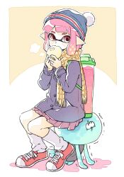 1girl beanie blue_hat blue_jacket eating food food_in_mouth full_body hat highres holding holding_food ink_tank_(splatoon) inkling inkling_girl inkling_player_character jacket jellyfish_(splatoon) long_sleeves looking_at_viewer nintendo pink_eyes pink_hair pink_skirt pleated_skirt pointy_ears pom_pom_(clothes) pom_pom_beanie red_shoes scarf sen_squid shoes short_hair sitting sitting_on_animal skirt sneakers socks solo splatoon_(series) steamed_bun tentacle_hair third-party_source white_socks yellow_scarf