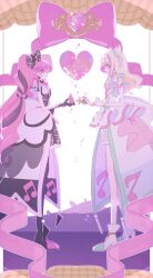 Rule 34 | 2girls, back ribbon, bare arms, black gloves, black hair, blonde hair, blunt bangs, boots, bracelet, braid, breaking, broken glass, choker, cure kiss, cure zukyuun, curly hair, curly sidelocks, curvy, dress, earrings, facing to the side, fortissimo, frilled dress, frilled ribbon, frilled skirt, frilled sleeves, frills, full body, gingham dress, glass, gloves, hair extensions, hair ornament, hair ribbon, hair tie, half gloves, hanamaru (h a n a maru87), heart, heart-shaped lock, heart-shaped pupils, heart keyhole panties, high heels, highres, holding, holding key, jewelry, key, kimi to idol precure, knee boots, kneehighs, long hair, multiple earrings, multiple girls, musical note, musical note hair ornament, parted bangs, pearl earrings, precure, puffy short sleeves, puffy sleeves, ribbon, ribbon choker, shattered, short sleeves, sidewalk, sideways face, single bare leg, single bare shoulder, skirt, sleeveless, socks, symbol-shaped pupils, twin braids, twintails, twitter username, unlock the key, very long hair, white gloves, wing hair ornament, wrist cuffs