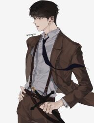 Rule 34 | 1boy, artist name, belt, black eyes, black hair, coat, formal clothes, hand on own hip, highres, kim dokja, long sleeves, male focus, necktie, omniscient reader&#039;s viewpoint, open clothes, open shirt, pants, shirt, short hair, simple background, solo, suit, suspenders, tajong731, white background