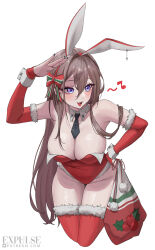 1girl blue_eyes breasts brown_hair christmas cleavage detached_collar detached_sleeves english_text expulse fur_trim leaf leaning_forward leotard musical_note nana_(kurisustinah) necktie open_mouth rabbit_ears red_leotard santa_costume solo thighhighs