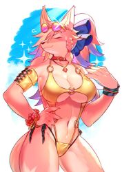 1girl animal_collar animal_ears animal_nose bangle bare_shoulders blue_background blue_ribbon blue_sky blush body_fur bracelet braid breasts chromatic_aberration cleavage closed_eyes closed_mouth cloud collar collarbone cowboy_shot cross-laced_clothes cross-laced_sleeves day detached_sleeves eyewear_on_head female_focus flower flower_bracelet fox_ears fox_girl fox_tail glint hair_over_one_eye hair_ribbon hair_tie hand_on_own_hip hand_up happy hozu_(hozumi) jewelry large_breasts light_blush light_rays live_a_hero long_hair mature_female monokini multicolored_hair navel necklace o-ring one_eye_covered outdoors pink_fur pink_hair ponytail purple-tinted_eyewear purple_hair red_flower ribbon short_sleeves single_braid single_detached_sleeve sky smile smug snout solo sparkle standing stomach sunlight swimsuit tail thick_thighs thighs tinted_eyewear two-tone_fur u_u underboob v-shaped_eyebrows white_fur white_hair yellow-framed_eyewear yellow_sleeves zania_(live_a_hero)　furry