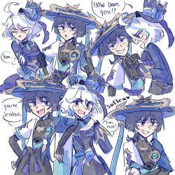 Rule 34 | 1boy, 1girl, ahoge, aqua gemstone, ascot, asymmetrical gloves, averting eyes, black ascot, black bodysuit, black bow, black bridal gauntlets, black collar, black gloves, black shorts, blue brooch, blue cape, blue gemstone, blue hair, blue hat, blue jacket, blue kimono, blue sleeves, blue suit, blunt ends, bodysuit, bow, bridal gauntlets, cape, cheek bulge, closed eyes, clothes grab, collar, crossed arms, curly ends, elbow on another&#039;s shoulder, english text, eyelashes, facing to the side, feathers, formal clothes, furina (genshin impact), gem, genshin impact, gloves, gold, half-closed eyes, hand on own arm, hand on own chest, hand on own hip, hand up, hat, hat bow, highres, jacket, japanese clothes, jingasa, juban, kimono, layered ascot, layered sleeves, leaning back, long sleeves, looking at another, looking at viewer, looking to the side, mandarin collar, mini hat, mini top hat, mismatched gloves, multicolored hair, multiple expressions, multiple views, open clothes, open kimono, open mouth, partially shaded face, pom pom (clothes), purple ascot, purple bow, purple eyes, raised eyebrow, scaramouche (genshin impact), short hair, short sleeves, shorts, shoulder peek, sideways glance, softea, speech bubble, streaked hair, suit, teeth, tongue, top hat, upper teeth only, vision (genshin impact), wanderer (genshin impact), white background, white gloves, white hair, white kimono, white sleeves, yellow feathers
