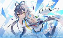 1girl absurdres asymmetrical_legwear bare_shoulders black_socks black_thighhighs blue_boots blush boots chinese_commentary elbow_gloves fingerless_gloves full_body gloves green_eyes grey_hair hair_ornament hair_rings highres long_hair looking_at_viewer luo_tianyi luo_tianyi_v4 necktie pleated_skirt ribbon shirt shoes short_hair_with_long_locks simple_background skirt sleeveless sleeveless_shirt socks solo thighhighs tian_dian twintails vocaloid vsinger_(vocaloid) watermark weibo_username weibo_watermark white_boots white_ribbon wings yellow_necktie