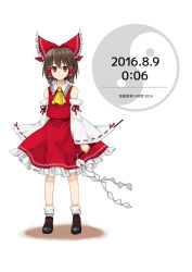 Rule 34 | 1girl, ascot, bare shoulders, bow, brown hair, detached sleeves, female focus, frills, full body, gohei, hair bow, hair tubes, hakurei reimu, haraegushi, highres, monrooru, number pun, oonusa, red eyes, solo, touhou, white background