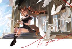 1girl absurdres alternate_costume angelina_(ambience_synesthesia_2021)_(arknights) angelina_(arknights) animal_ears ankle_socks arknights bare_shoulders bird black_bow black_bowtie black_dress black_footwear black_ribbon black_socks blue_sky bow bowtie brown_eyes brown_hair closed_mouth cloud commentary_request dress floating_hair fox_ears fox_girl fox_tail hair_ribbon highres holding holding_instrument holding_trumpet instrument long_hair looking_at_viewer meng_ziya outdoors ribbon short_dress sitting sky sleeveless sleeveless_dress smile socks solo tail trumpet twintails wrist_cuffs