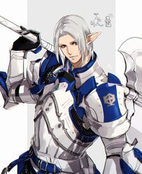 1boy armor axe belt breastplate brown_eyes chainmail elezen elf final_fantasy final_fantasy_xiv grey_background guerrique_de_montrohain holding holding_axe looking_at_viewer male_focus outside_border paladin_(final_fantasy) parted_lips pauldrons pillarboxed pointy_ears short_hair shoulder_armor simple_background solo upper_body white_hair yomo_(ym)