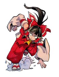 1girl ascot black_hair bow detached_sleeves full_body hair_bow hair_tubes hakama hakama_pants hakurei_reimu highres inuyama_konan japanese_clothes long_hair nontraditional_miko pants red_bow red_pants running sandals sidelocks simple_background socks solo tabi touhou white_background white_socks yellow_ascot zouri