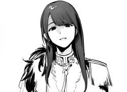 1girl commentary cracy_logan highres long_hair looking_at_viewer okada_mei real_life red_pupils simple_background solo spot_color upper_body voice_actor white_background