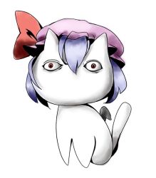 Rule 34 | blue hair, cat, commentary request, constricted pupils, full body, hat, looking at viewer, mob cap, no humans, no mouth, pink hat, rass-mameki, red eyes, remilia scarlet, scp-040-jp, scp foundation, simple background, touhou, white background, white cat