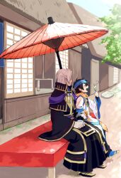 bench black_hair dango eating food japanese_clothes kimono kuroda_kanbei multicolored_hair robe sengoku_musou sitting takenaka_hanbei two-tone_hair umbrella wagashi