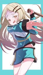 1girl @_@ absurdres alternate_costume baseball_bat blonde_hair blue_border blue_jacket blue_shorts blush border commentary_request cowboy_shot flying_sweatdrops foreshortening gakuen_idolmaster gloom_(expression) hair_ornament hairpin highres holding holding_baseball_bat idolmaster jacket long_hair midriff_peek multicolored_jacket open_mouth orange_eyes outside_border peanut_mouth shinosawa_hiro short_shorts shorts sidelocks signature simple_background solo sweat swept_bangs very_long_hair vtitalianlion46 white_background white_jacket