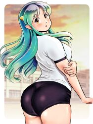 1girl ass buruma from_behind green_hair gym_uniform highres horns kenken28937178 long_hair looking_at_viewer looking_back lum oni open_mouth solo urusei_yatsura yellow_eyes