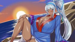 1girl beach blue_eyes blush breasts cameltoe cleavage dark-skinned_female dark_skin grey_hair hair_ribbon hand_on_knee hand_on_own_knee highres huge_breasts leg_up legs looking_at_viewer majikina_mina ocean parted_lips pink_lips ponytail ribbon samurai_spirits sarong seductive_smile sitting smile snk solo sunset thick_thighs thighs water