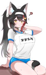 1girl ? animal_ear_fluff animal_ears belt_collar black_collar black_hair blue_buruma breasts buruma collar gym_shirt gym_uniform hair_ornament hairpin highres hololive kani_bonara large_breasts long_hair looking_at_viewer multicolored_hair ookami_mio ponytail red_hair ribbon shirt solo streaked_hair tail tail_around_own_leg tail_wrap virtual_youtuber wide_ponytail wolf_ears wolf_girl wolf_tail