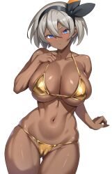 1girl absurdres alternate_breast_size bea_(pokemon) bikini black_hairband blue_eyes blush breasts cameltoe cleavage cowboy_shot curvy gluteal_fold gold_bikini grey_hair hairband highres huge_breasts large_breasts navel nintendo pokemon pokemon_swsh ranhatu short_hair simple_background skindentation solo stomach swimsuit thigh_gap thighs underboob white_background wide_hips