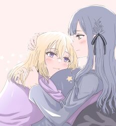 Rule 34 | 2girls, bang dream!, bang dream! it&#039;s mygo!!!!!, between breasts, black ribbon, blonde hair, blue hair, blue shirt, blush, breasts, commentary, cuddling, face between breasts, hair ribbon, hand in another&#039;s hair, hand on another&#039;s head, hand on another&#039;s shoulder, hashtag-only commentary, head between breasts, highres, hug, long sleeves, medium hair, misumi uika, multiple girls, pink background, purple eyes, purple shirt, ribbon, shirt, simple background, tach.s, togawa sakiko, two side up, yuri