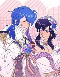 1boy 1girl armpit_crease artist_name ascot black_hair black_vest blue_flower blue_hair blue_rose blush boutonniere breasts bridal_veil bride buttons chain cleavage closed_eyes collarbone couple double-breasted double-parted_bangs dress epaulettes fire_emblem fire_emblem:_genealogy_of_the_holy_war fire_emblem_heroes flower gem gloves gold_belt gold_chain grin groom hair_between_eyes hair_flower hair_ornament hetero husband_and_wife larcei_(bride_of_astra)_(fire_emblem) larcei_(fire_emblem) long_sleeves looking_at_another low_ponytail nintendo off-shoulder_dress off_shoulder official_alternate_costume one_eye_closed outline patterned_background pink_background ponytail purple_eyes purple_flower purple_rose raised_eyebrow raised_eyebrows rose scratching_cheek seliph_(fire_emblem) seliph_(light&#039;s_legacy)_(fire_emblem) short_hair_with_long_locks short_sleeves sidelocks smile tiara trunswicked upper_body veil vest wedding_dress white_ascot white_dress white_flower white_gemstone white_gloves white_outline white_rose