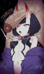 Rule 34 | 1boy, 1girl, absurdres, bare shoulders, black hair, bob cut, breasts, erection, fate/grand order, fate (series), hetero, highres, horns, looking at penis, lost-phews, navel, oni, penis, penis awe, penis on head, purple eyes, short hair, shuten douji (fate), skin-covered horns, small breasts, solo focus, stomach, sweat, uncensored, veins, veiny penis