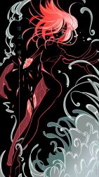 Rule 34 | 1other, androgynous, barefoot, broken arm, broken leg, cinnabar (houseki no kuni), completely nude, cracked skin, crying, floating hair, hair over one eye, hashtag-only commentary, highres, houseki no kuni, liquid, long hair, looking at viewer, mercury (element), nude, nukumorineko, other focus, outstretched arm, reaching, reaching towards viewer, red theme, severed arm, severed leg, severed limb, simple background, solo