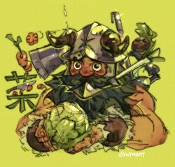 1boy beard blush cabbage carrot cropped_torso dungeon_meshi dwarf facial_hair fake_horns farmer food green_background helmet holding holding_food holding_vegetable horned_helmet horns long_beard looking_ahead male_focus mustache onion senshi_(dungeon_meshi) solo swymsuyt thick_mustache vegetable very_long_beard