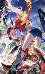 1girl absurdres ass bent_over breasts highres honkai:_star_rail honkai_(series) looking_at_viewer midriff mochi_upamo pink_hair rappa_(honkai:_star_rail) short_shorts shorts smile weapon