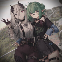 2girls ahoge antennae belt black_eyes black_shirt blue_eyes blurry blurry_background collar ferumi_kaipa gloves green_hair heterochromia highres indie_virtual_youtuber jewelry multiple_girls necklace nemo_nevermore pants pointy_ears red_eyes shirt skirt smile spiked_collar spikes suspenders tattoo virtual_youtuber zhvo