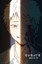 1boy body_horror crack_of_light grin hashtag-only_commentary highres hikaru_(hikaru_ga_shinda_natsu) hikaru_ga_shinda_natsu korean_text looking_at_viewer male_focus portrait red_pupils shirt short_hair sinsaimdan32359 smile solo teeth translation_request twitter_username white_hair white_shirt