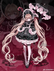 1girl absurdly_long_hair absurdres black_background black_bow black_bowtie black_dress black_ribbon black_umbrella blonde_hair bonnet bow bowtie brown_eyes closed_mouth cross cross_print dress dress_bow drowsyww expressionless footwear_bow frilled_dress frilled_sleeves frilled_thigh_strap frilled_umbrella frills full_body gothic_lolita gradient_background hair_intakes hat highres holding holding_umbrella juliet_sleeves lolita_fashion long_hair long_sleeves looking_at_viewer original parasol puffy_sleeves red_background ribbon sample_watermark shadow shoes short_dress slime_(substance) solo standing tentacles thigh_strap twintails umbrella very_long_hair watermark weibo_username weibo_watermark wide_sleeves zoom_layer
