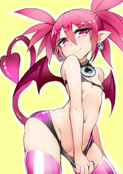 1girl bat_wings choker clitoris_slip covered_erect_nipples demon_girl demon_tail disgaea disgaea_d2 earrings etna_(disgaea) female_focus flat_chest highres jewelry loli makai_senki_disgaea nac000 nippon_ichi panties panty_pull pear-shaped_figure petite pink_eyes pink_hair pink_thighhighs pointy_ears pussy pussy_peek red_eyes red_hair short_hair solo tail thighhighs twintails uncensored underwear wings yellow_background